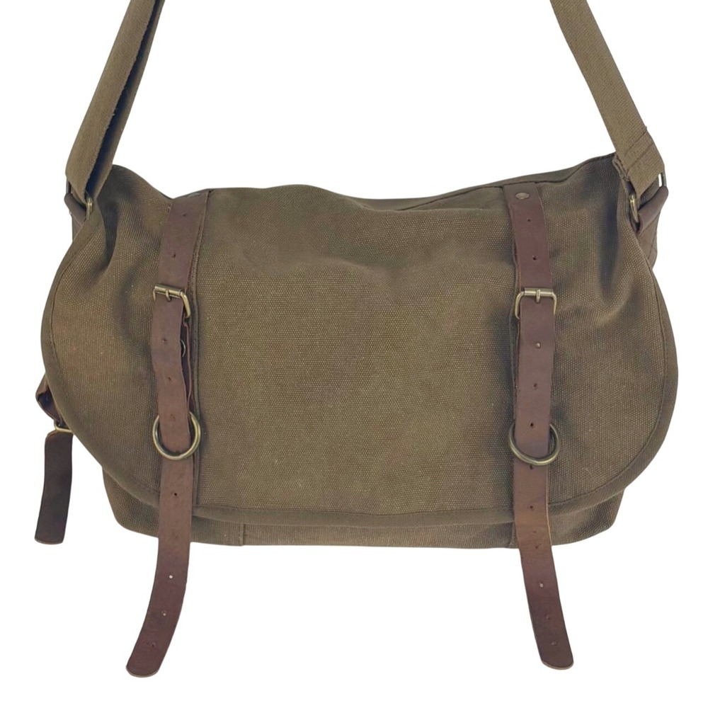Mens Messenger Commuter Bag Green Brown Canvas Genuine Leather Trim Large